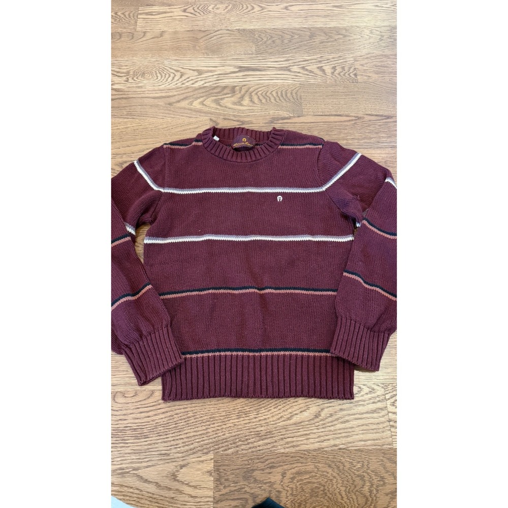 Vintage Etienne Aigner Sweater Striped Crew Neck Burgundy Small READ